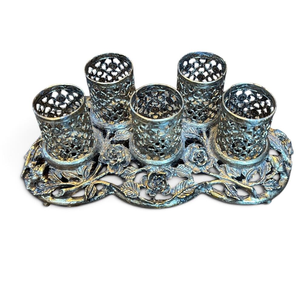 SAM FINK STYLE VINTAGE ORMULU METAL FILIGREE 5 LIPSTICK HOLDER ROSES Regency